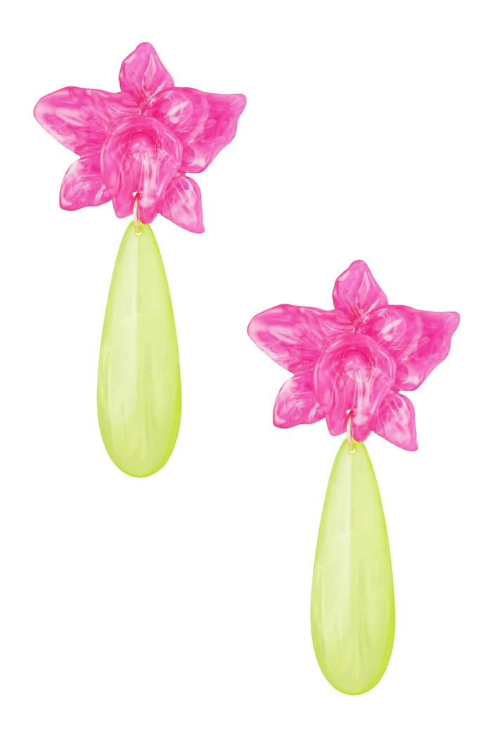 Lily earring with green drop - fuchsia  