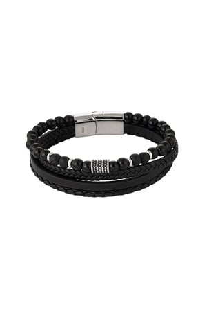 Men's bracelet double braided with beads - Silver color/black h5 