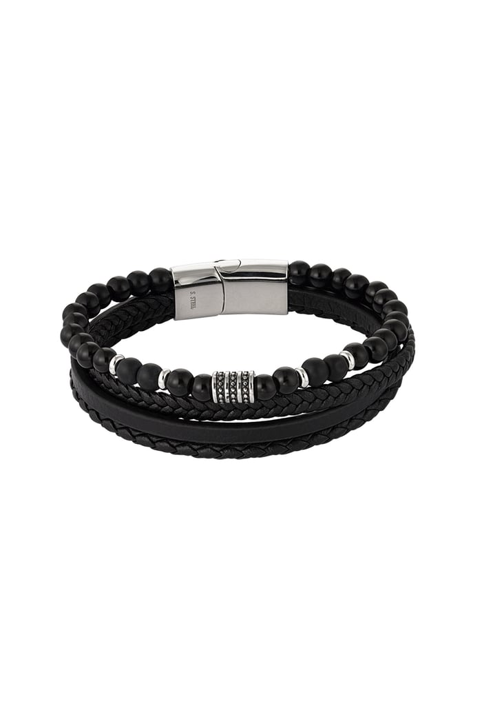 Men's bracelet double braided with beads - Silver color/black 