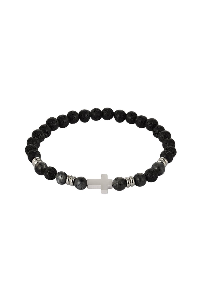 Men's beaded bracelet with cross - black Silver color 