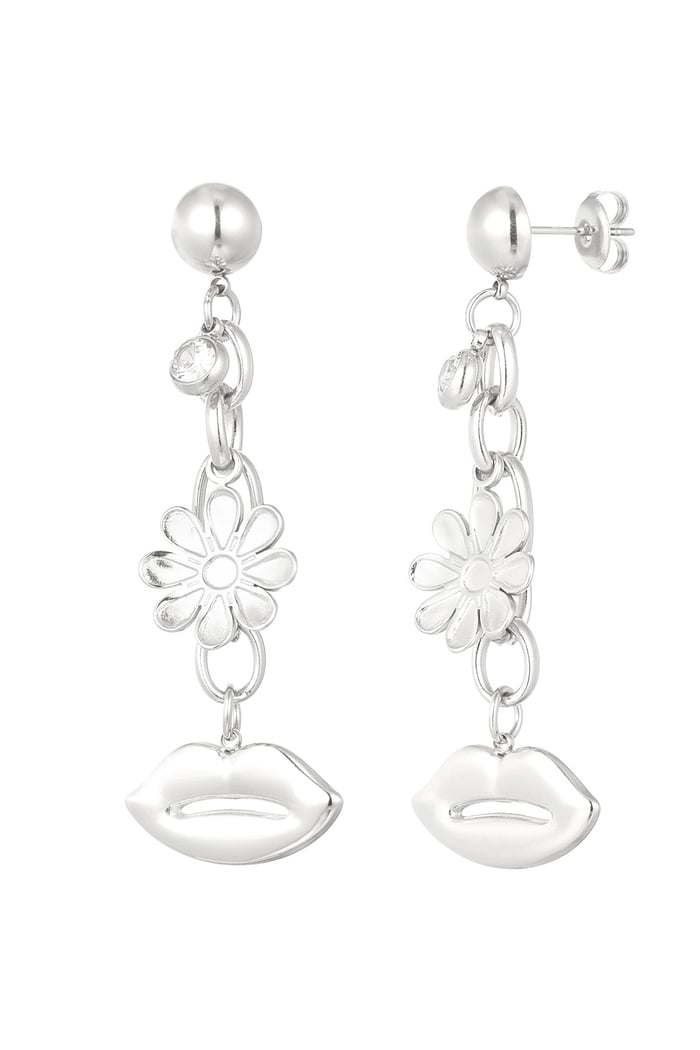 Flower kiss earrings - Silver Color color 