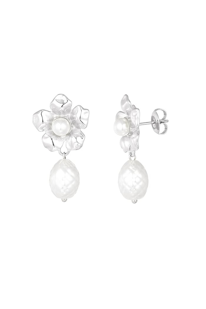 Statement flower pearl earrings - Silver Color color 