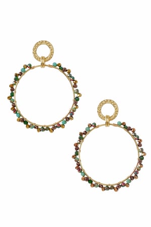 Earrings Round double circle with Colorful bead - Gold color/green h5 