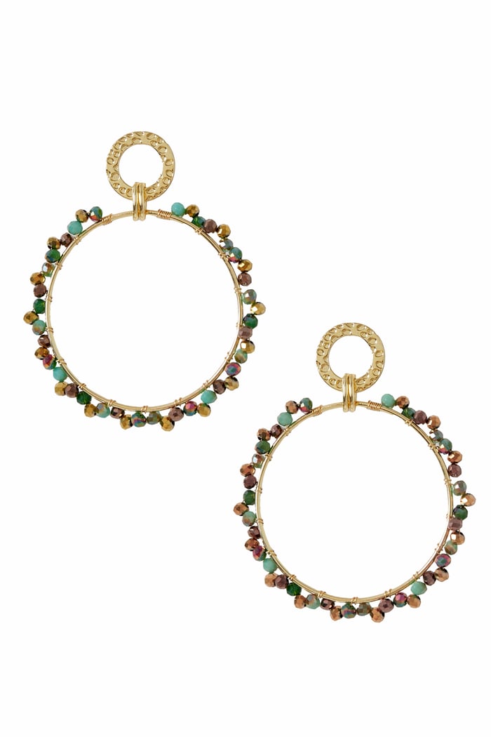 Earrings Round double circle with Colorful bead - Gold color/green 