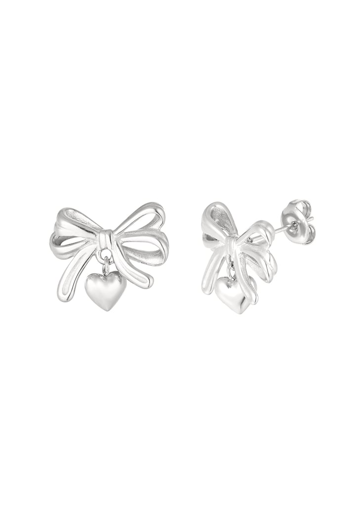 Bow with heart earrings - Silver Color color 