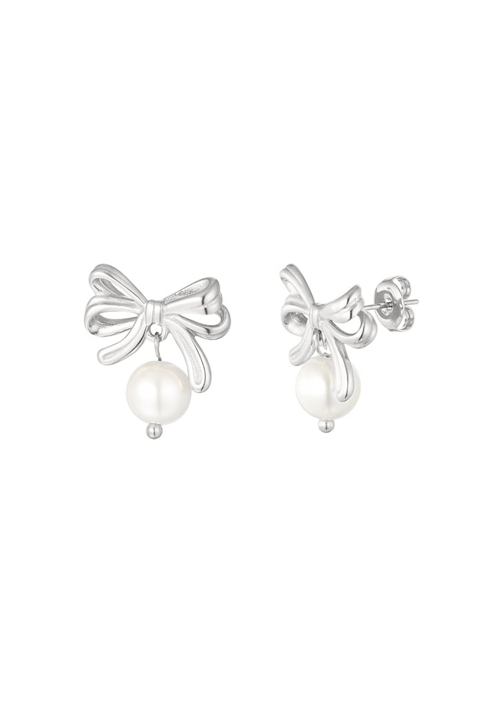 Bow earrings with pearl - Silver Color color 