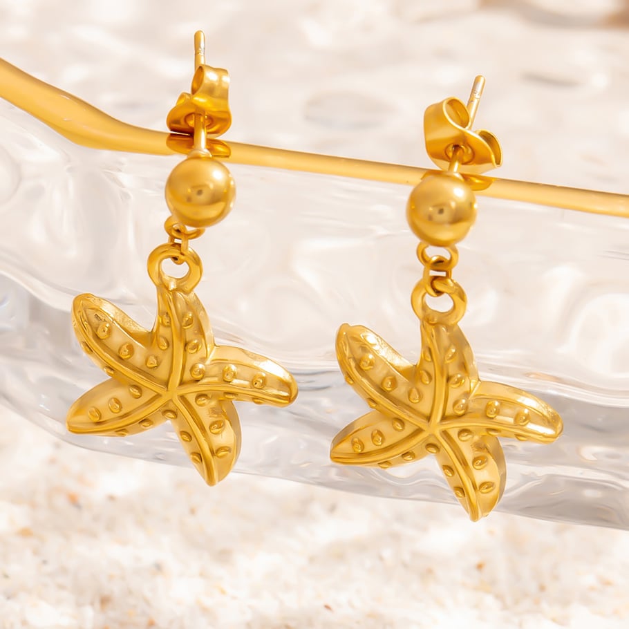 Boucles d&#39;oreilles pendantes en acier inoxydable couleur or en forme d&#39;étoile de mer Image5