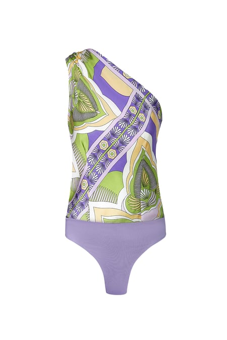 One shoulder body print - green/purple 2