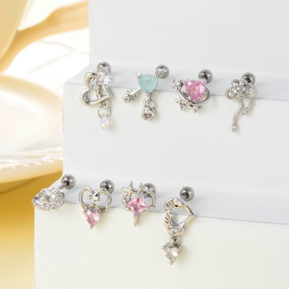 Pendientes de botón de acero de titanio con circonitas y corazón elegante para mujer, 1 pieza 2