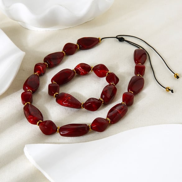 Retro Acrylic Irregular Beads Hematite Gold Color Necklace Set
