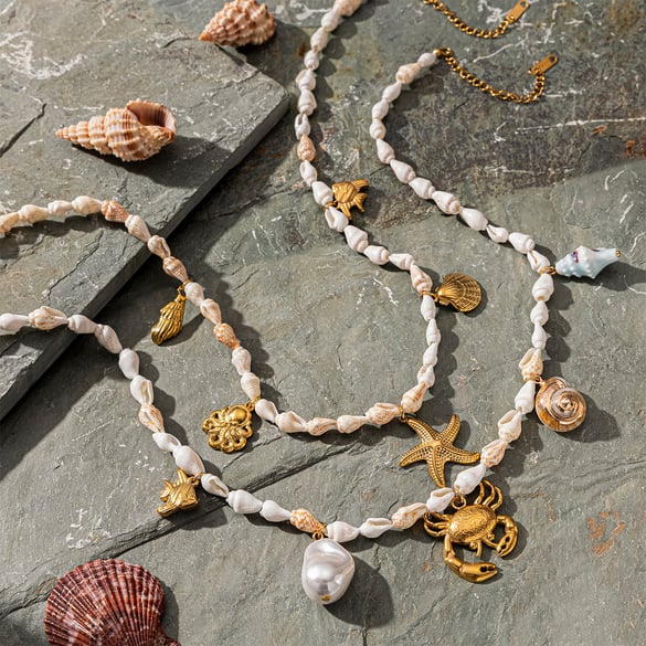 1 Piece Stainless Steel  Gold Color Shell Beaded Necklaces