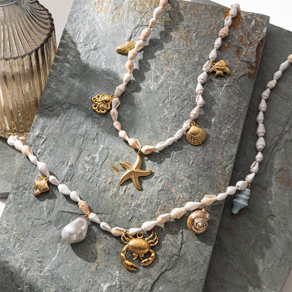 1 Piece Stainless Steel  Gold Color Shell Beaded Necklaces 2