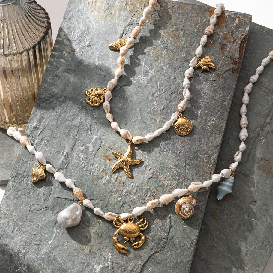 1 Piece Stainless Steel  Gold Color Shell Beaded Necklaces Picture2
