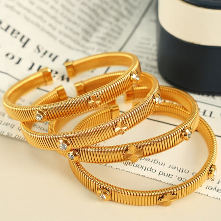 1 Piece Simple Series Big Clover Stainless Steel  Gold Color Rhinestone Women's Bangles