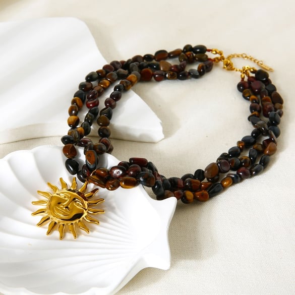 1 Piece Natural Stones Gold Color Sun Shape Beaded Necklace 2