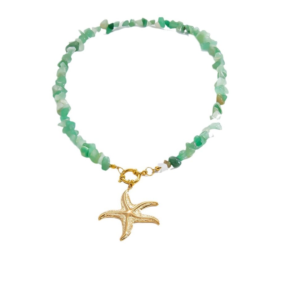 Starfish Stainless Steel Gold Color Natural Stone Women's Pendant Necklaces 