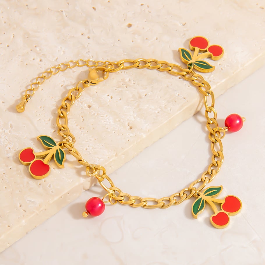 Bracelets à breloques pour femmes en acier inoxydable couleur or avec motif de fruits émaillés et taches d&#39;huile Image6
