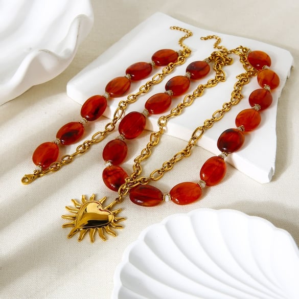 Retro Acrylic Beads Heart Charm Gold Color Necklace Set 2