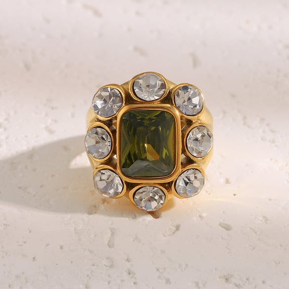 1 Piece Luxurious Rectangle Stainless Steel Gold Color Zircon Women's Gemstone Rings 2