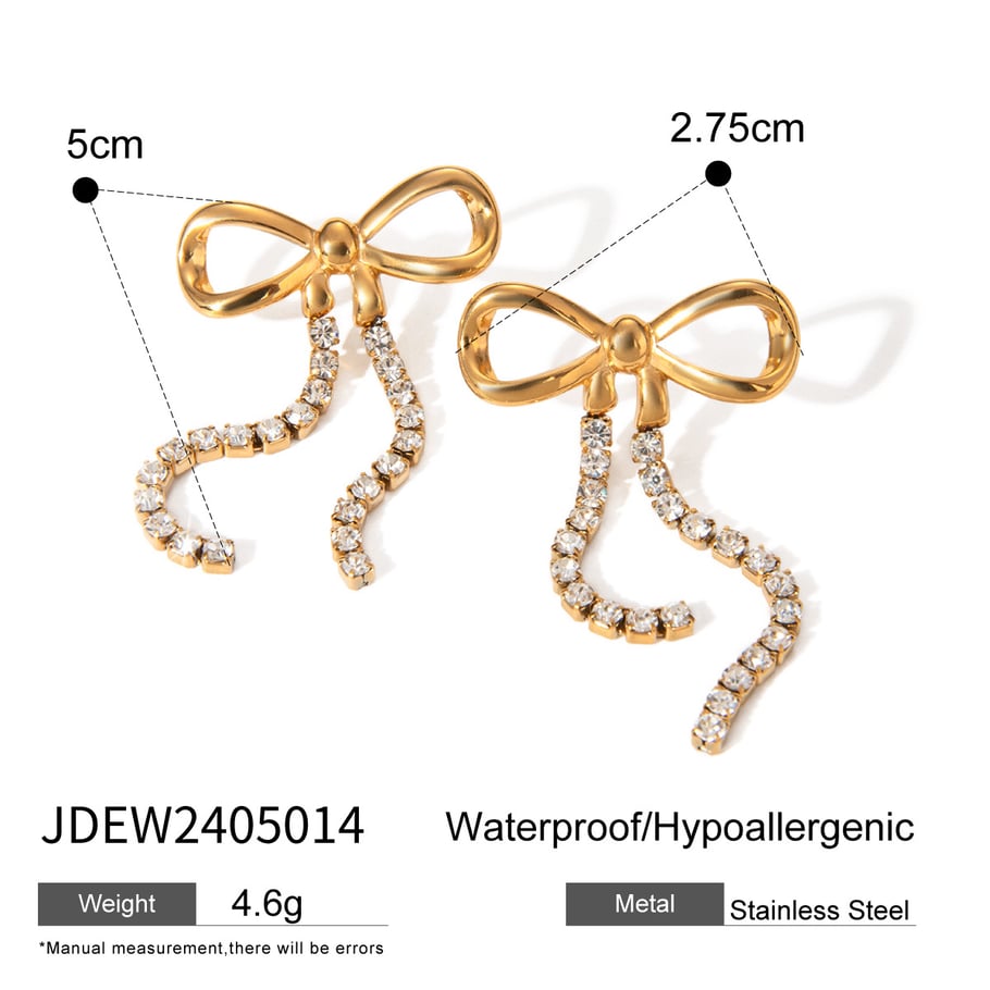 1 Pair Romantic Sweet Style Bowknot Shape Stainless Steel 18k Gold Inlay Zircons Women's Drop Earrings Picture2