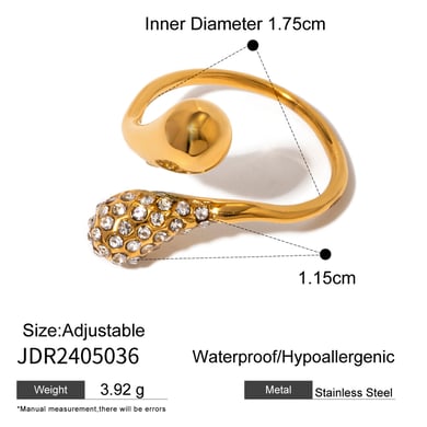 1 Piece Simple Style Droplet Shape Stainless Steel 18k Gold Inlay Rhinestones Women's Adjustable Rings h5 Picture2