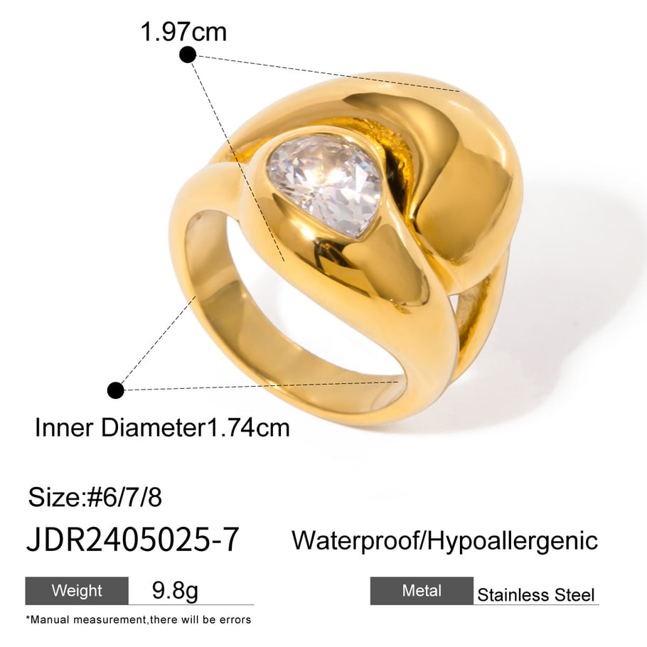 1 Piece Retro Luxurious Style Chunky Droplet Shape Titanium Steel 18K Gold Inlay Zircons Women's Single Ring Picture2