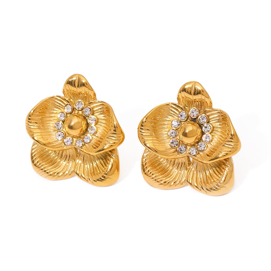1 Pair Classic Retro Style Flower Shape Stainless Steel 18K Gold Plated Inlay Rhinestones Women's Stud Earrings Picture2