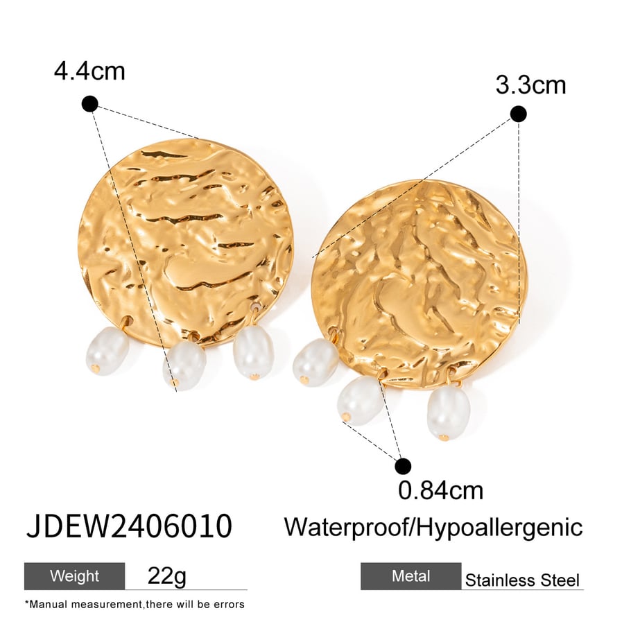 1 Paar Persönlichkeitsstil 18 Karat Gold Edelstahl Große runde gehämmerte ovale Perlenohrringe Trendy Schmuck Damen-Anhängerohrringe Bild2
