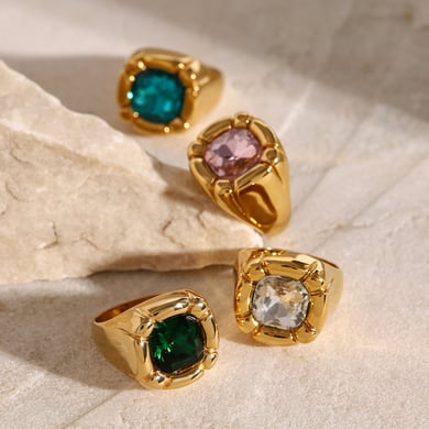 Anillo individual de acero inoxidable chapado en oro de 18 quilates con circonitas, estilo retro geométrico, para mujer. h5 Imagen2