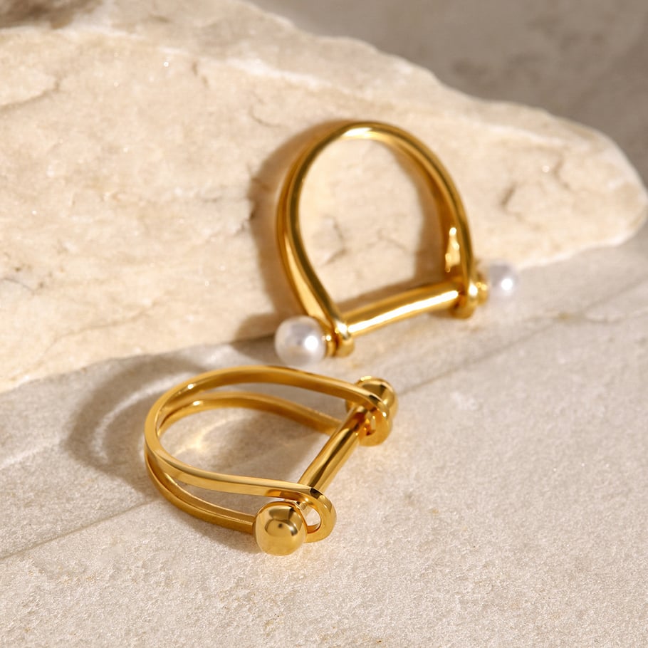 1 Pair Simple Series Simple Geometric Stainless Steel 18K Gold Plated Artificial Pearl Women Single Ring 