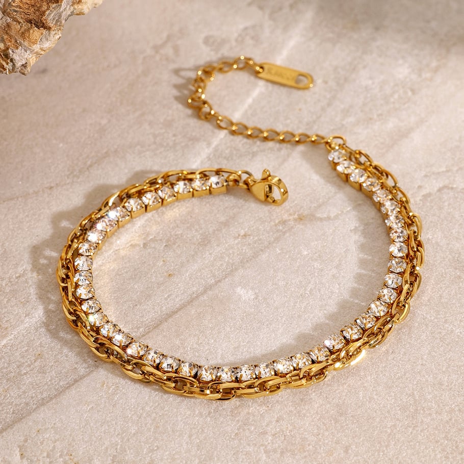 1 Piece Luxurious Series Simple Geometric Stainless Steel 18K Gold Plated Rhinestone Women chain bracelets 
