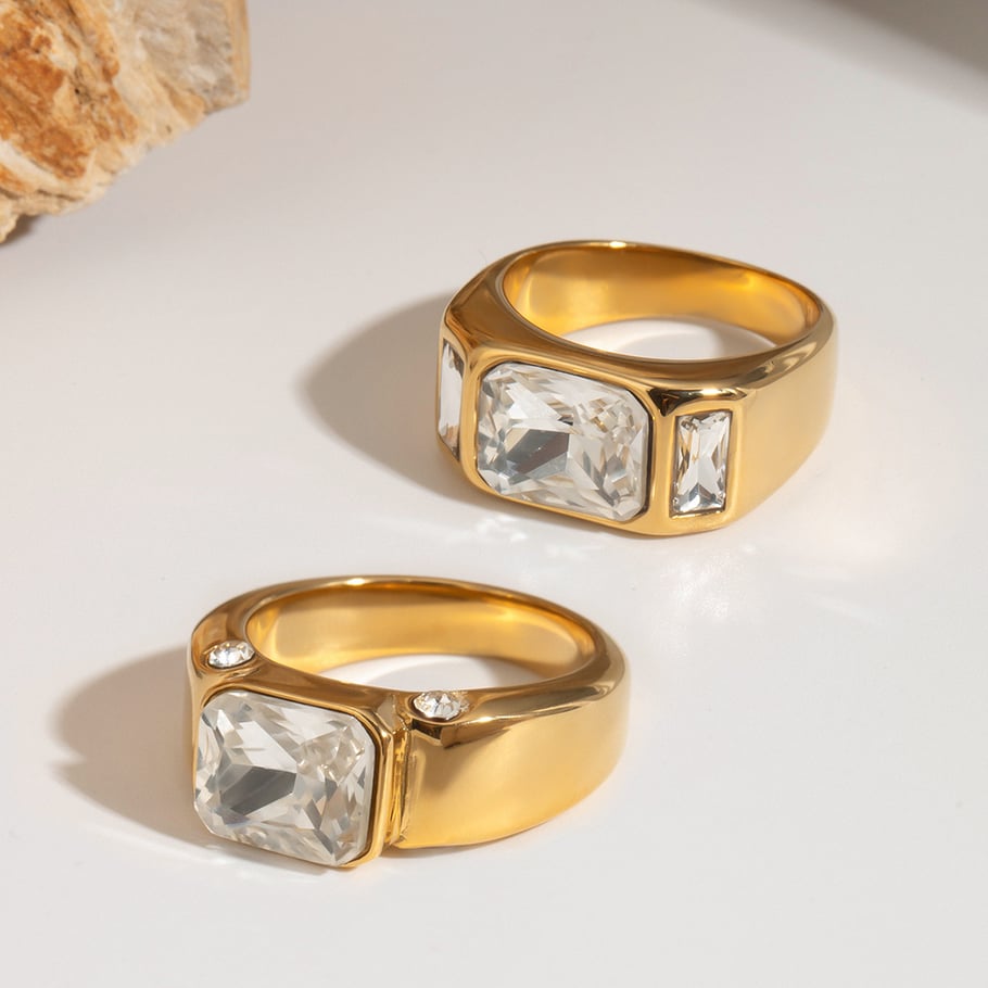1 Paar Simple Series Klassischer geometrischer Edelstahl 18 Karat vergoldeter Zirkon Damen-Einzelring 