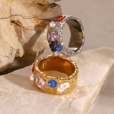 1 Pair Classic Series Retro Geometric Stainless Steel 18K Gold Plated Zircon Women Single Rings h5 