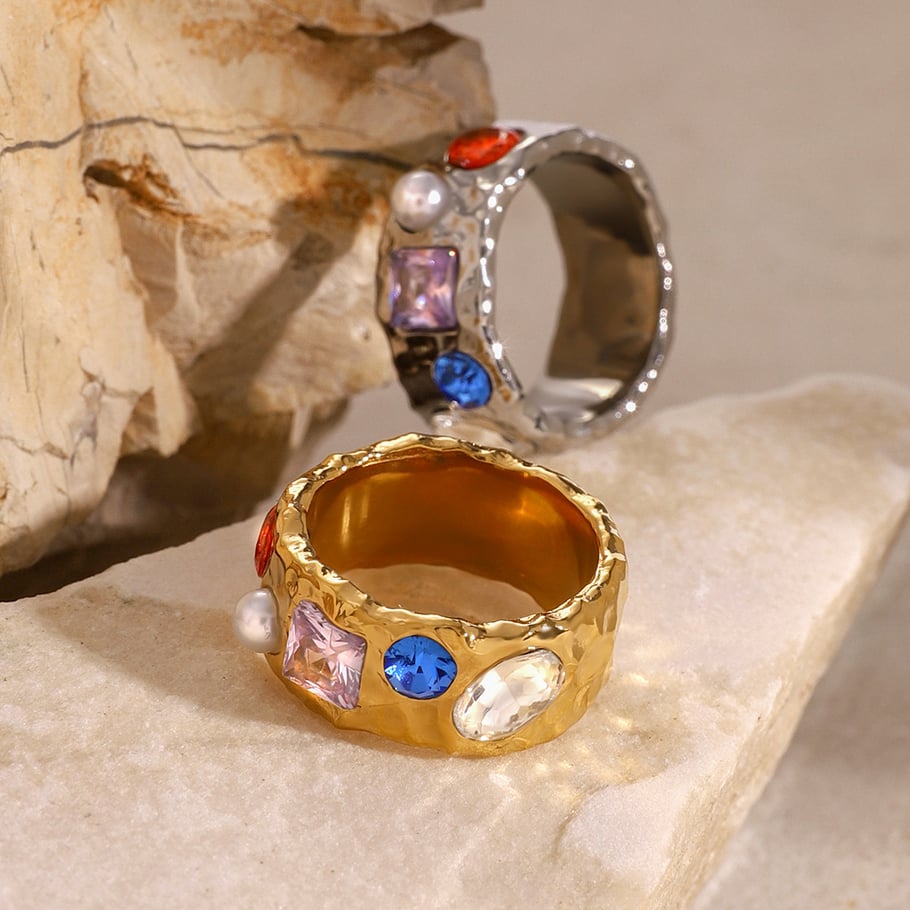 1 Pair Classic Series Retro Geometric Stainless Steel 18K Gold Plated Zircon Women Single Rings 