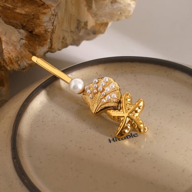 1 Pair Simple Series ins style Turtle Stainless Steel 18K Gold Plated Artificial Pearl Women Hair Clips h5 