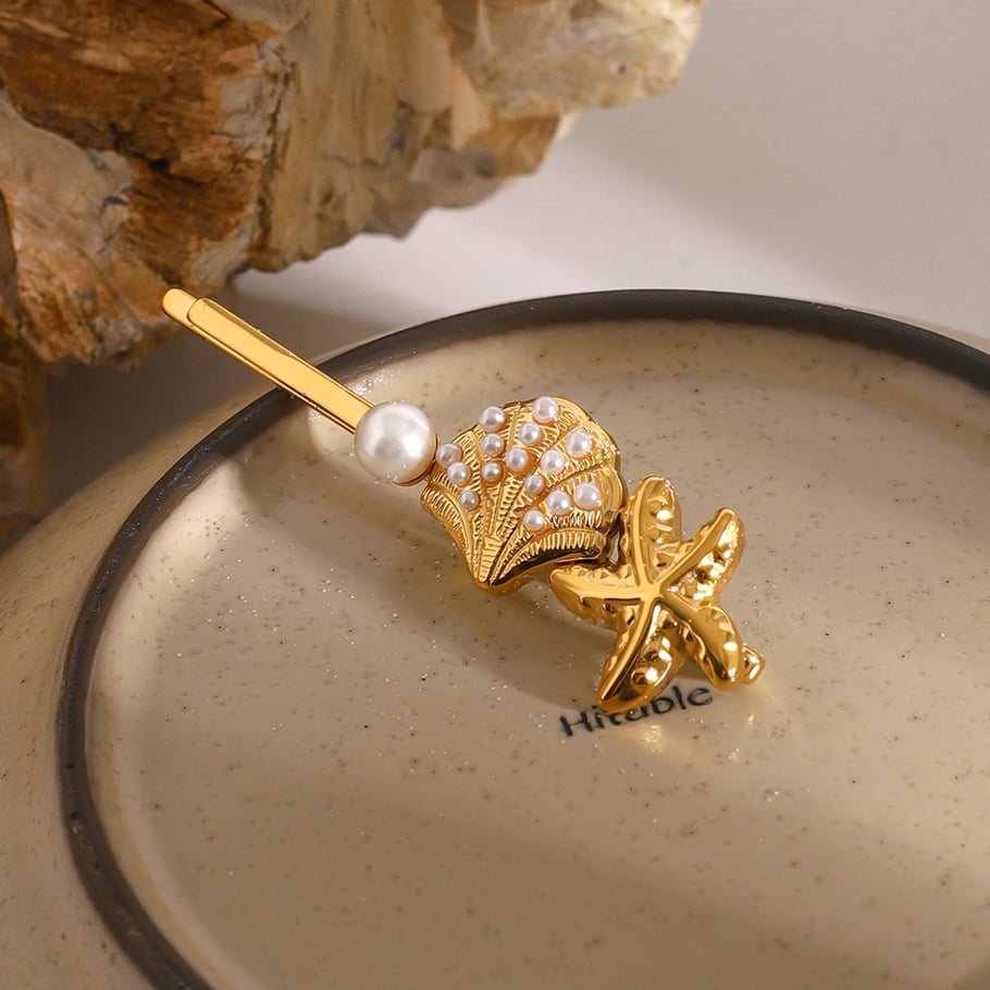 1 Pair Simple Series ins style Turtle Stainless Steel 18K Gold Plated Artificial Pearl Women Hair Clips 