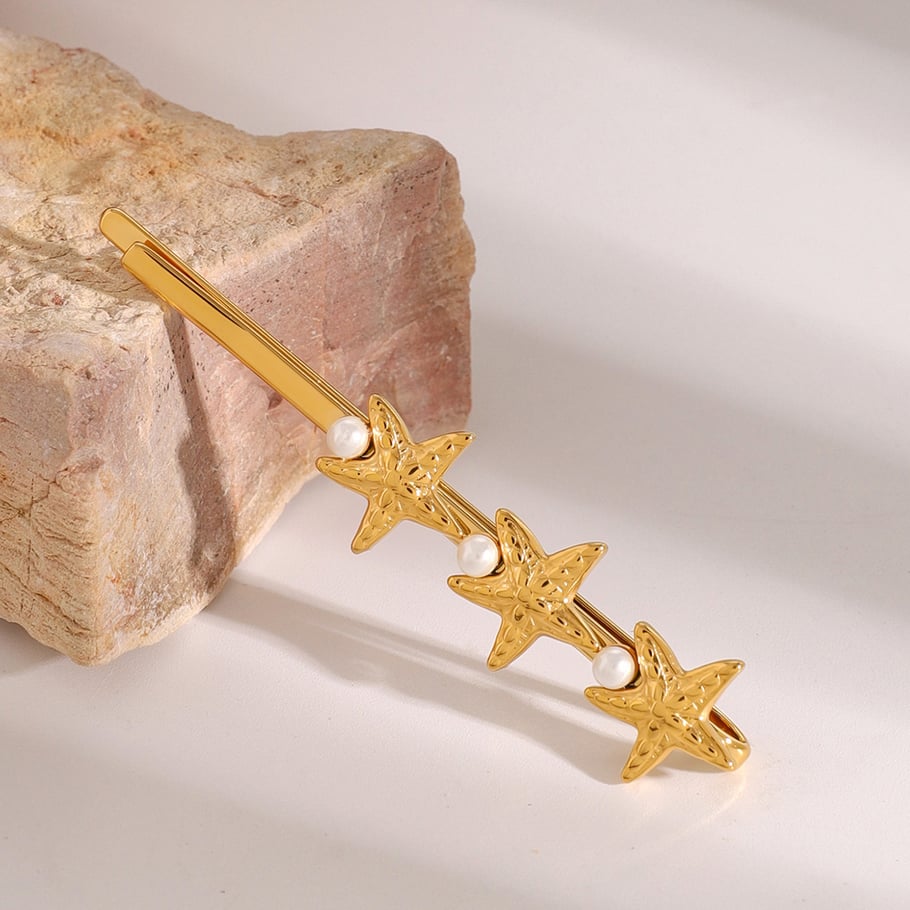 1 Pair Simple Series ins style Turtle Stainless Steel 18K Gold Plated Artificial Pearl Women Hair Clips 