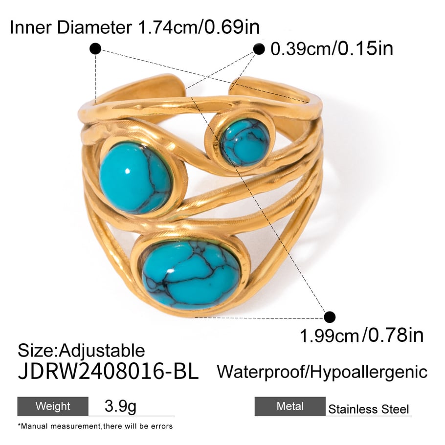 1 Paar Klassische Serie Retro Geometrische Edelstahl 18K Vergoldet Künstliche Edelsteine Verstellbare Ringe Für Frauen Bild2