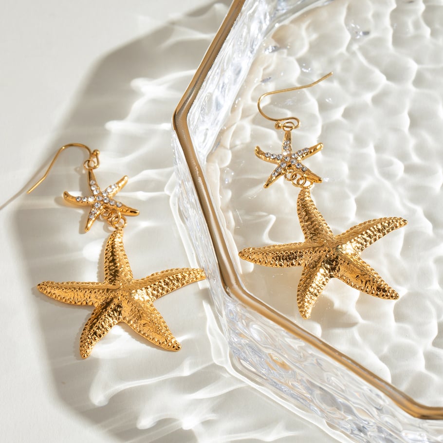 1 Pair Simple Series Vacation Turtle Stainless Steel 18K Gold Plated Rhinestone Women Drop Earrings 