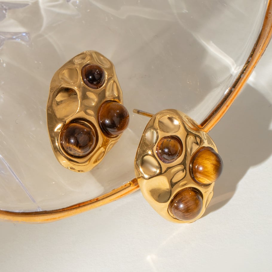 1 Pair Classic Series Retro Geometric Stainless Steel 18K Gold Plated Natural Stone Women Stud Earrings 