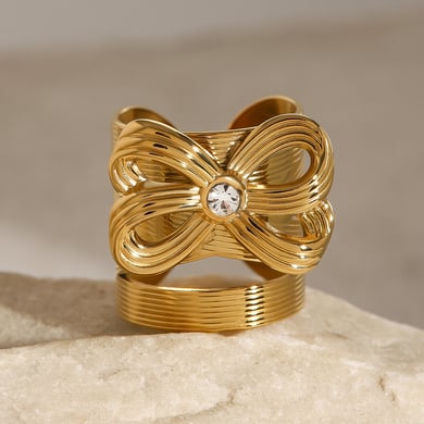 1 Pair Simple Series Retro Bow Knot Stainless Steel 18K Gold Plated Rhinestone Women Adjustable Rings h5 