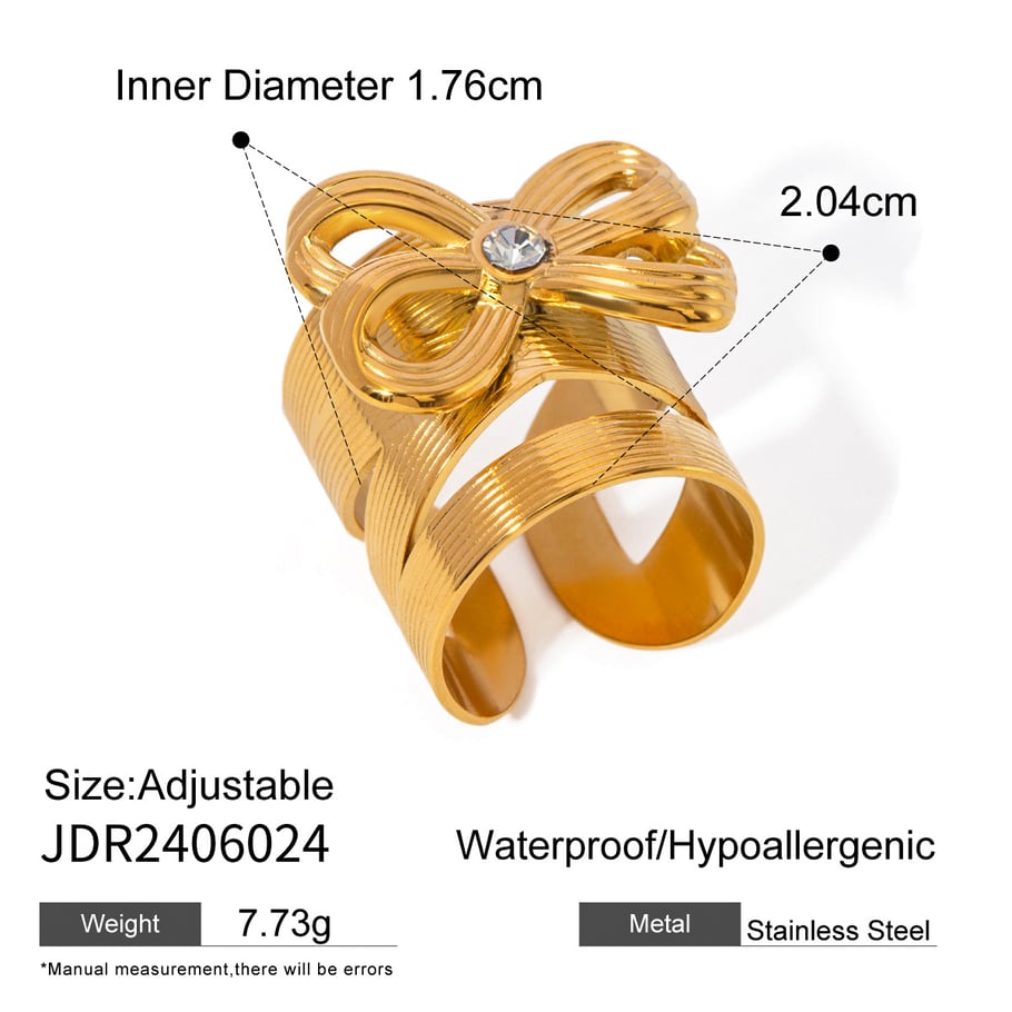 1 Pair Simple Series Retro Bow Knot Stainless Steel 18K Gold Plated Rhinestone Women Adjustable Rings Picture2