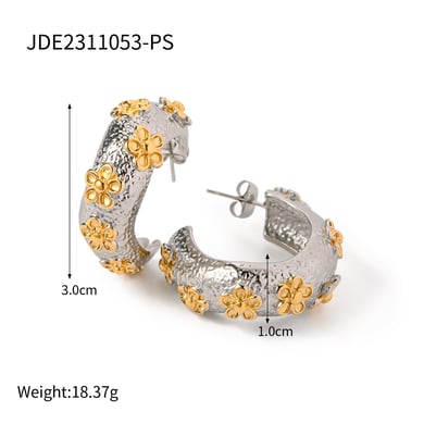 1 Pair Classic Series Retro Flower Stainless Steel 18K Gold Plated Women Hoop Earrings h5 Picture2