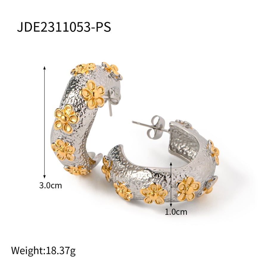 1 Pair Classic Series Retro Flower Stainless Steel 18K Gold Plated Women Hoop Earrings Picture2