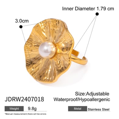 1 Pair Classic Series Retro Flower Stainless Steel 18K Gold Plated Artificial Pearl Women Adjustable Rings h5 Picture2