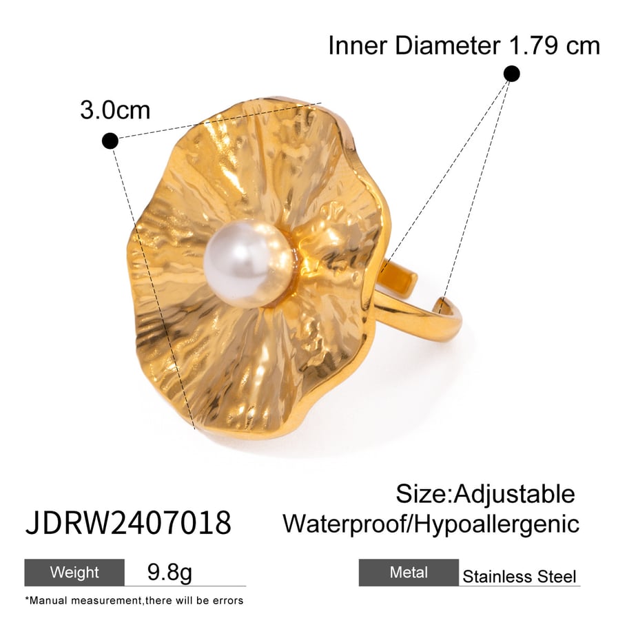 1 Pair Classic Series Retro Flower Stainless Steel 18K Gold Plated Artificial Pearl Women Adjustable Rings Picture2