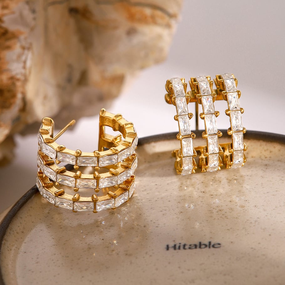 1 Pair Classic Series Retro Geometric Stainless Steel 18K Gold Plated Zircon Women Stud Earrings 