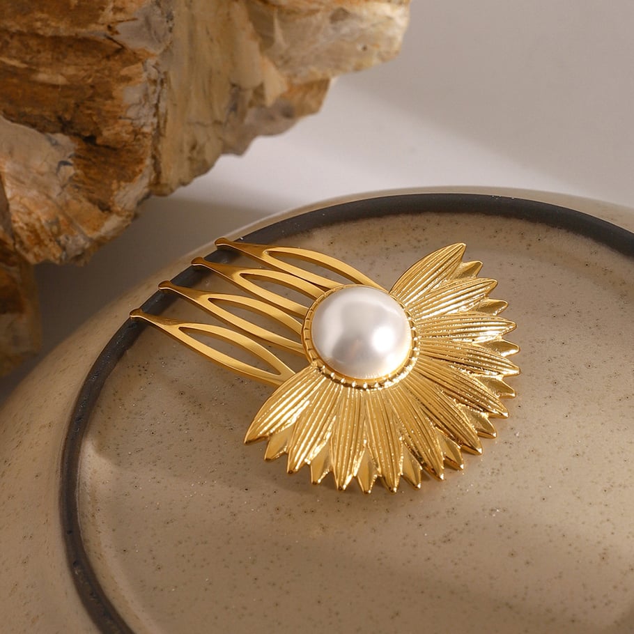 1 Pair Simple Series ins style Flower Stainless Steel 18K Gold Plated Artificial Pearl Women Hair Clips 