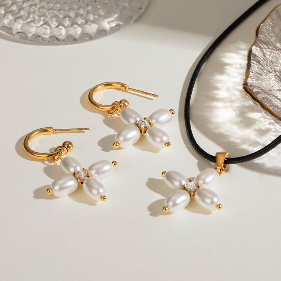 1 Pair Simple Series Elegant Cross Stainless Steel 18K Gold Plated Artificial Pearl Women Earrings set 