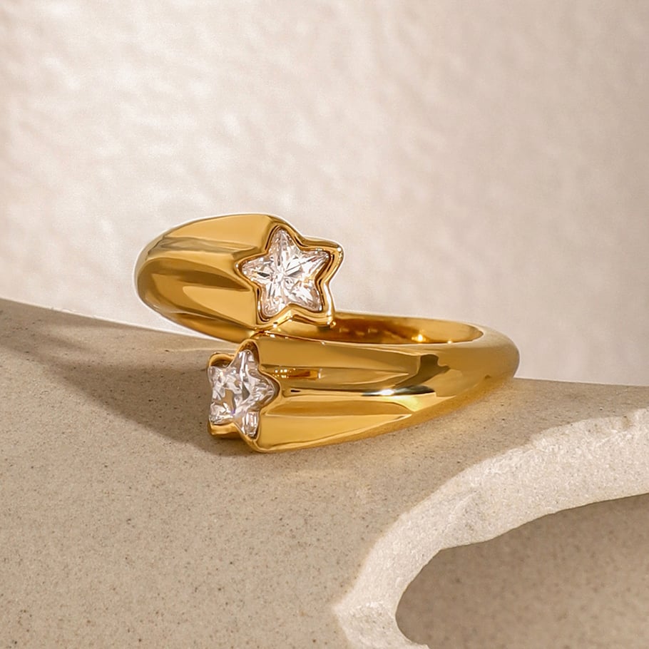 1 Pair Simple Series ins style Pentagram Stainless Steel 18K Gold Plated Rhinestone Women Adjustable Rings 